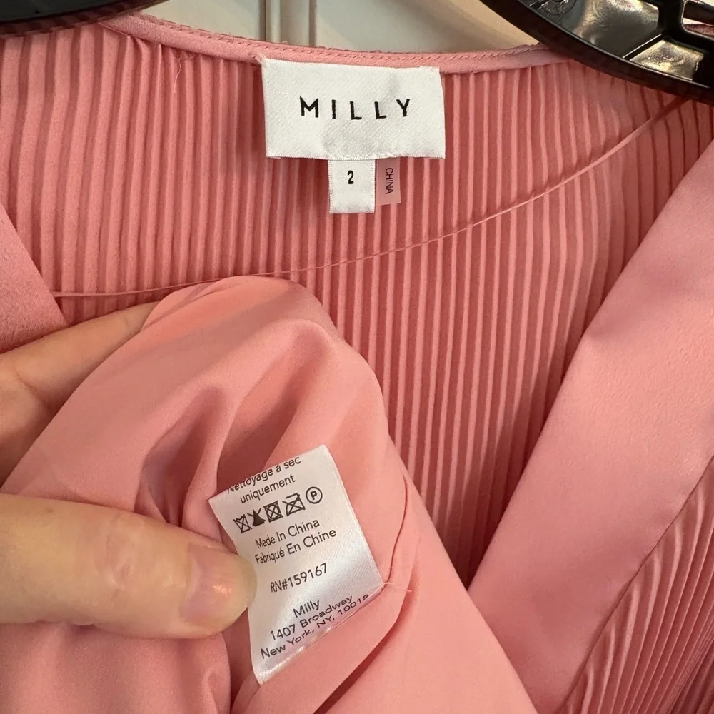 Milly Liv pleated Mini Dress long sleeves and sash belt. Dusty rose pink Size 2 - Picture 3 of 4